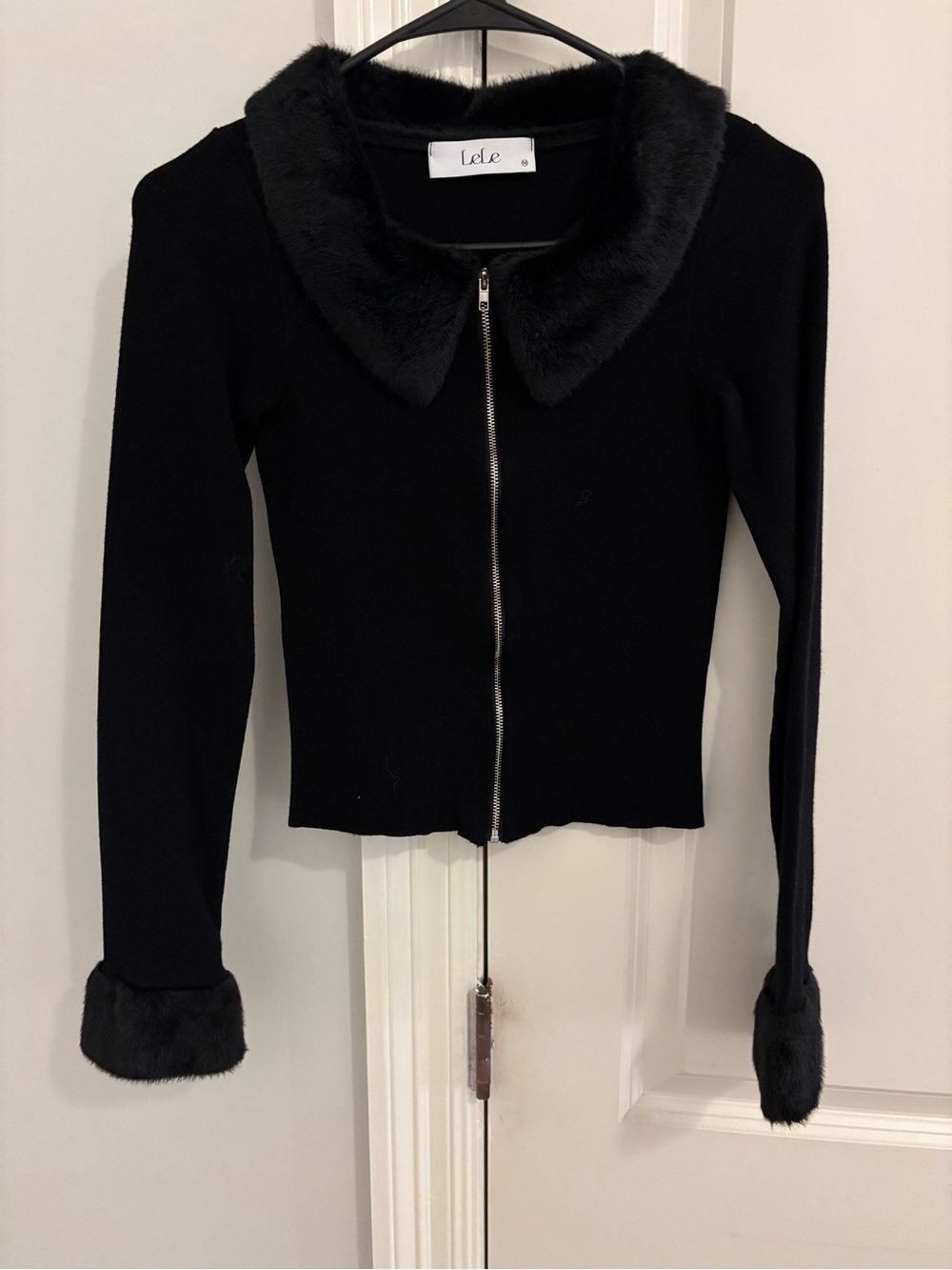 Black Faux-Fur Trim Zip Cardigan Jacket